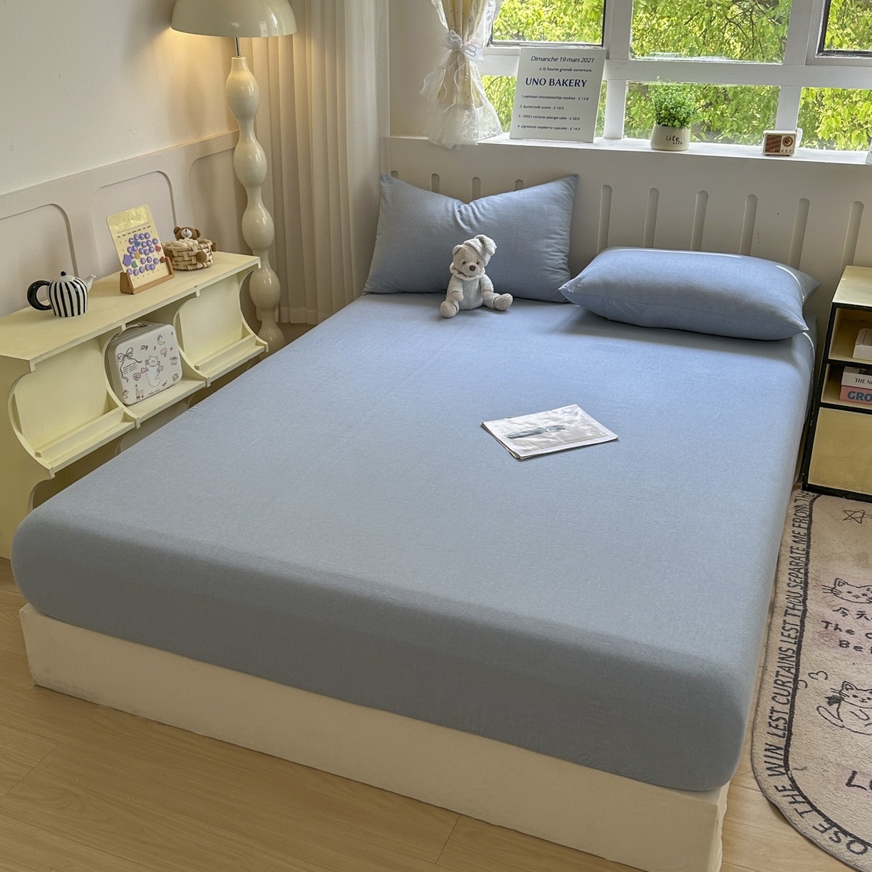 91家纺网 家纺一手货源 找家纺 晚依家纺 2025新款A类色织全棉水洗棉床单单件纯棉格子纯色学生宿舍定制定做 纯色-浅蓝