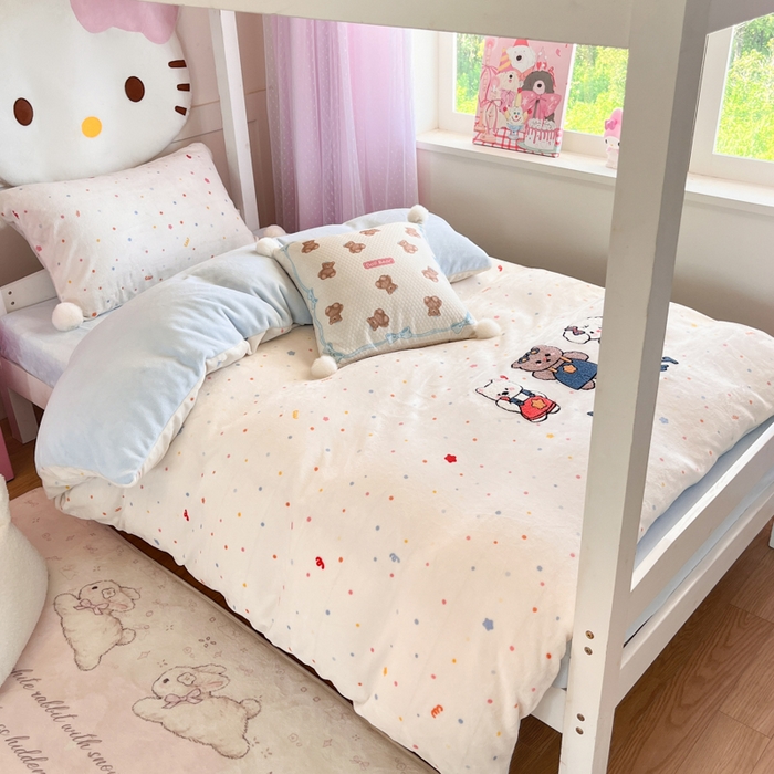 91家纺网 家纺一手货源 找家纺 川悦生活 2025新款绣花牛奶绒毛巾绣四件套-小床 快乐好友派