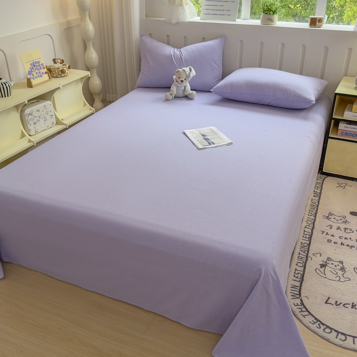 91家纺网 家纺一手货源 找家纺 晚依家纺 2025新款A类色织全棉水洗棉床单单件纯棉格子纯色学生宿舍定制定做 纯色-浅紫