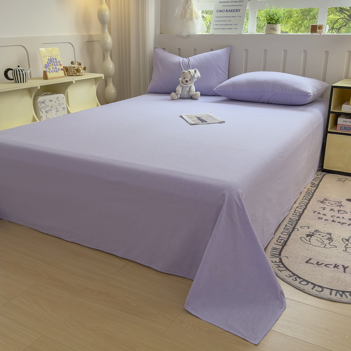 91家纺网 家纺一手货源 找家纺 晚依家纺 2025新款A类色织全棉水洗棉床单单件纯棉格子纯色学生宿舍定制定做 纯色-浅紫