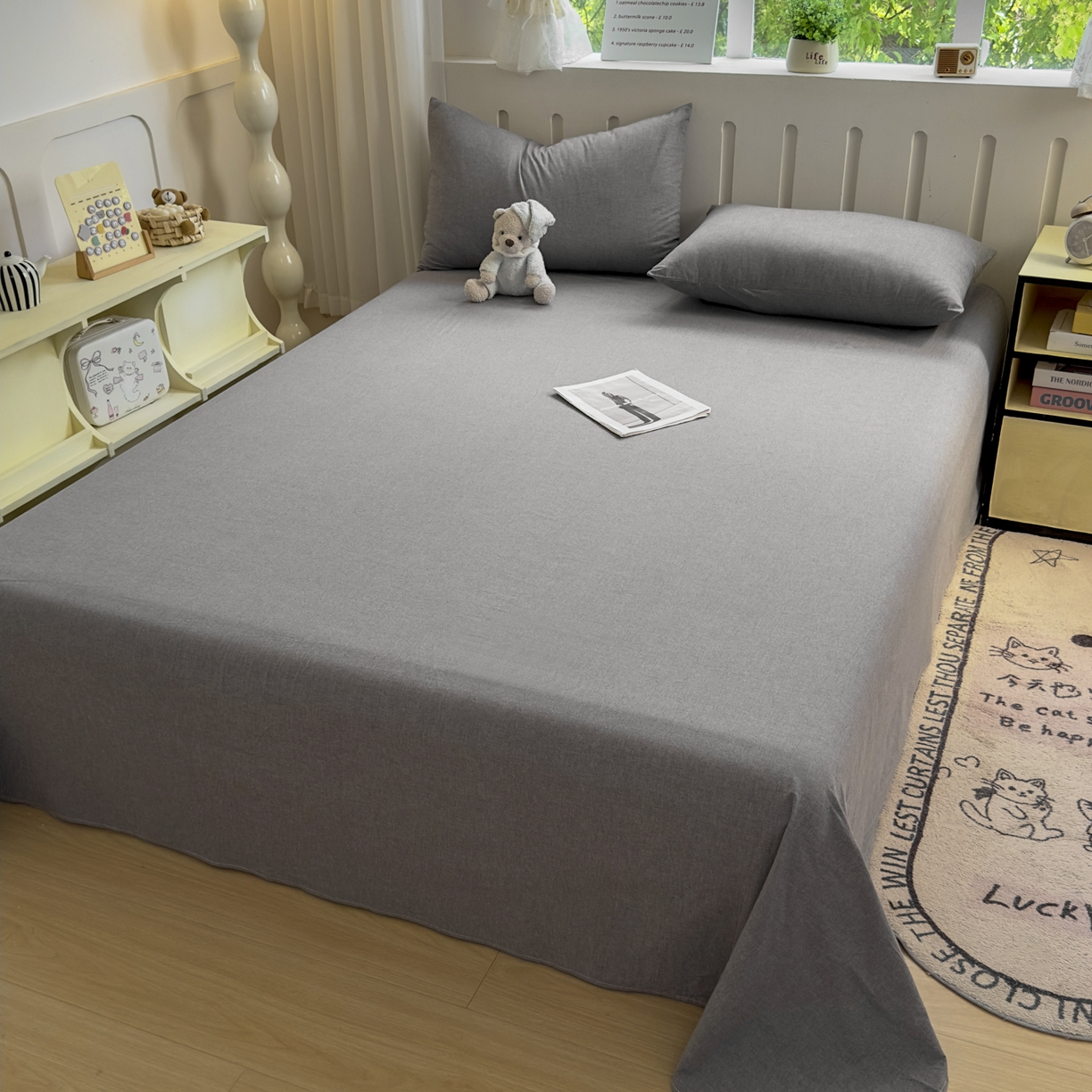 91家纺网 家纺一手货源 找家纺 晚依家纺 2025新款A类色织全棉水洗棉床单单件纯棉格子纯色学生宿舍定制定做 纯色-烟灰