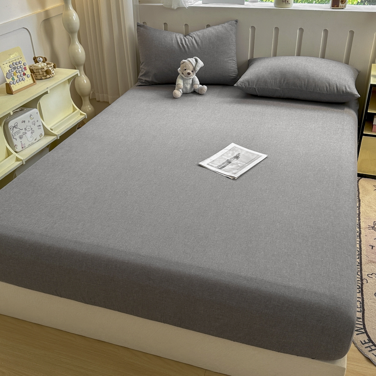 91家纺网 家纺一手货源 找家纺 晚依家纺 2025新款A类色织全棉水洗棉床单单件纯棉格子纯色学生宿舍定制定做 纯色-烟灰