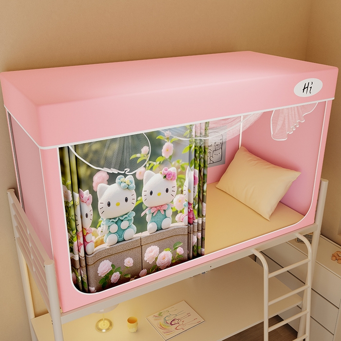 91家纺网 家纺一手货源 找家纺 安金蚊帐2025新款防蚊遮光一体99%强遮光学生宿舍上下铺遮光学生蚊帐-粉色系列 聚会猫