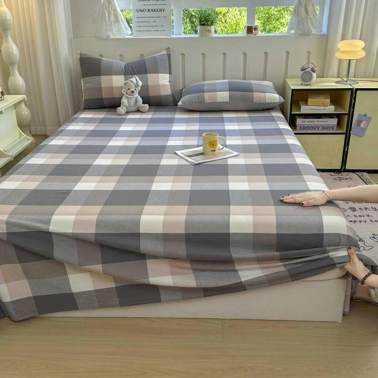 91家纺网 家纺一手货源 找家纺 晚依家纺 2025新款A类色织全棉水洗棉床单单件纯棉格子纯色学生宿舍定制定做 洛伊灰咖大格