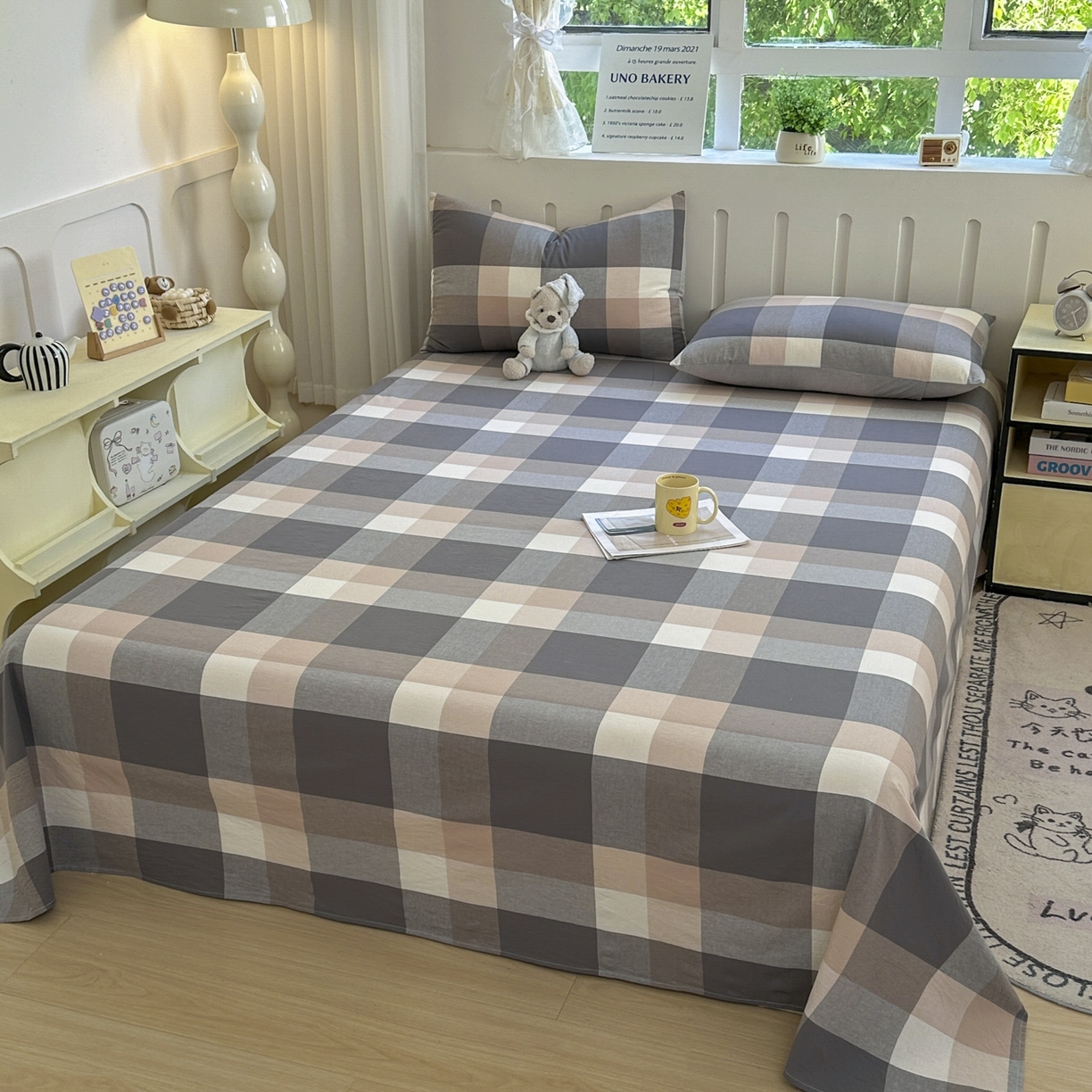 91家纺网 家纺一手货源 找家纺 晚依家纺 2025新款A类色织全棉水洗棉床单单件纯棉格子纯色学生宿舍定制定做 洛伊灰咖大格