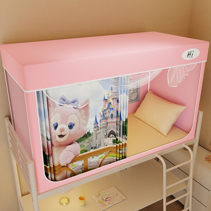 91家纺网 家纺一手货源 找家纺 安金蚊帐2025新款防蚊遮光一体99%强遮光学生宿舍上下铺遮光学生蚊帐-粉色系列 贝儿城堡