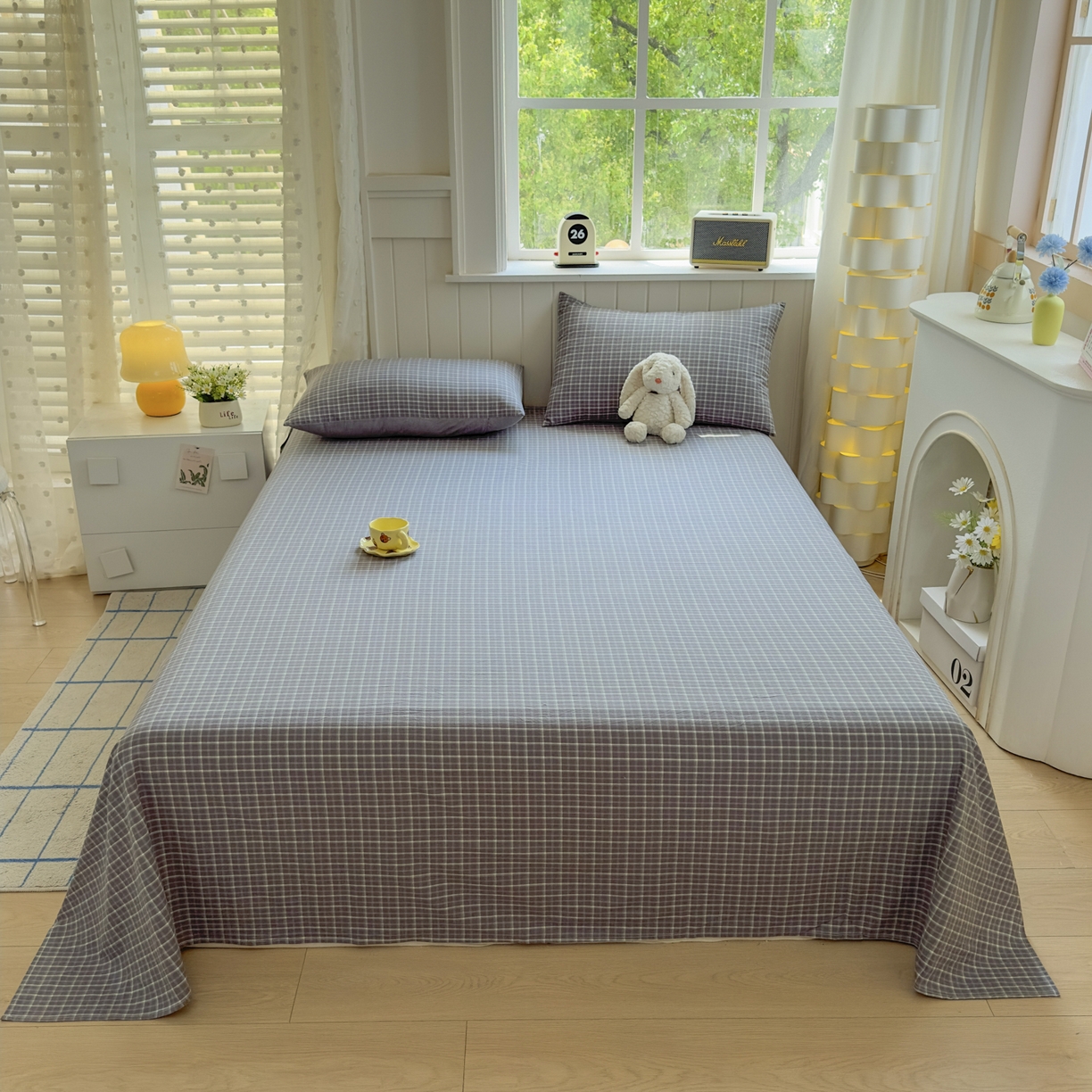 91家纺网 家纺一手货源 找家纺 晚依家纺 2025新款A类色织全棉水洗棉床单单件纯棉格子纯色学生宿舍定制定做 米娜-绿灰