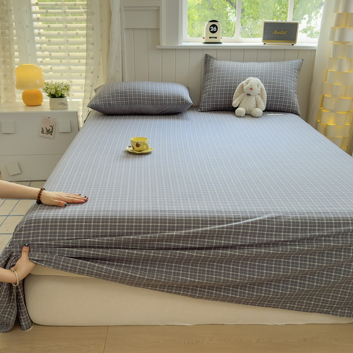 91家纺网 家纺一手货源 找家纺 晚依家纺 2025新款A类色织全棉水洗棉床单单件纯棉格子纯色学生宿舍定制定做 米娜-绿灰
