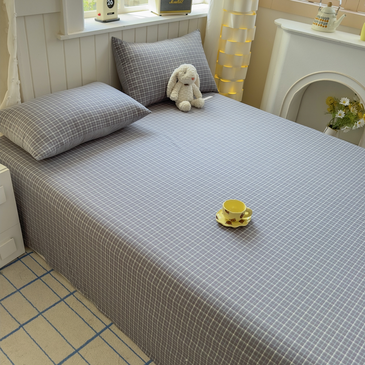 91家纺网 家纺一手货源 找家纺 晚依家纺 2025新款A类色织全棉水洗棉床单单件纯棉格子纯色学生宿舍定制定做 米娜-绿灰