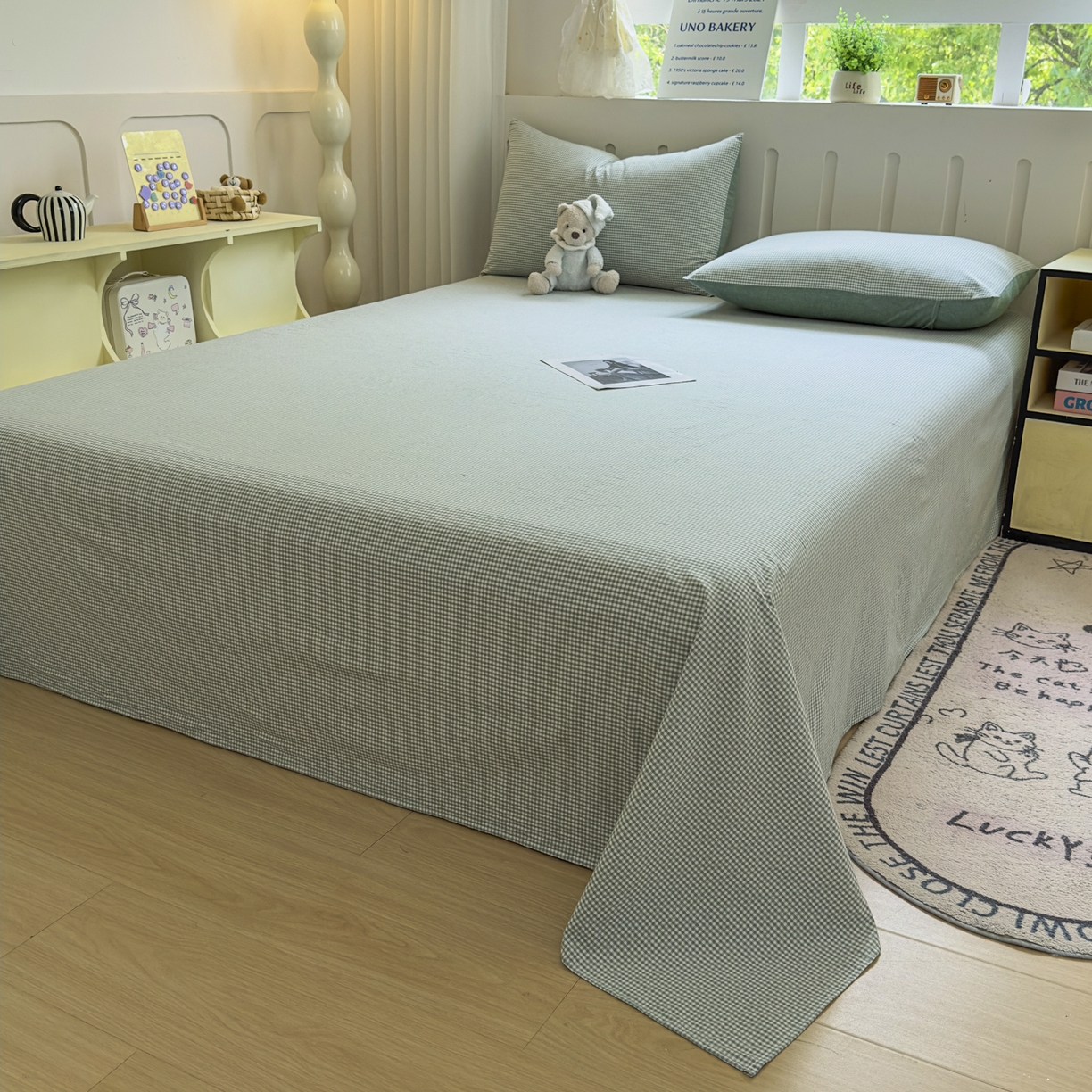 91家纺网 家纺一手货源 找家纺 晚依家纺 2025新款A类色织全棉水洗棉床单单件纯棉格子纯色学生宿舍定制定做 密格-草绿