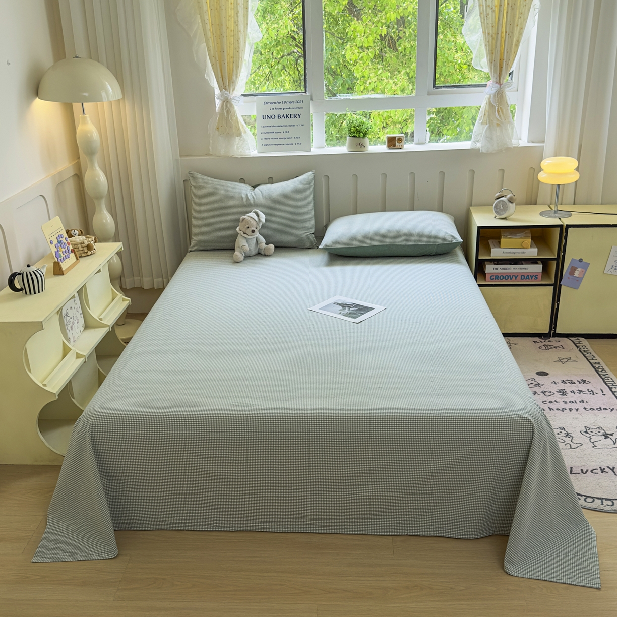 91家纺网 家纺一手货源 找家纺 晚依家纺 2025新款A类色织全棉水洗棉床单单件纯棉格子纯色学生宿舍定制定做 密格-草绿