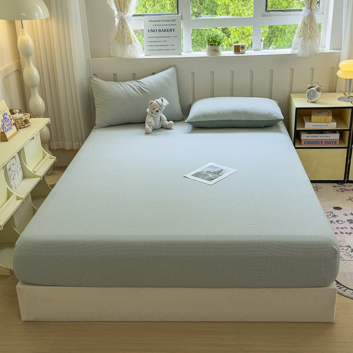 91家纺网 家纺一手货源 找家纺 晚依家纺 2025新款A类色织全棉水洗棉床单单件纯棉格子纯色学生宿舍定制定做 密格-草绿