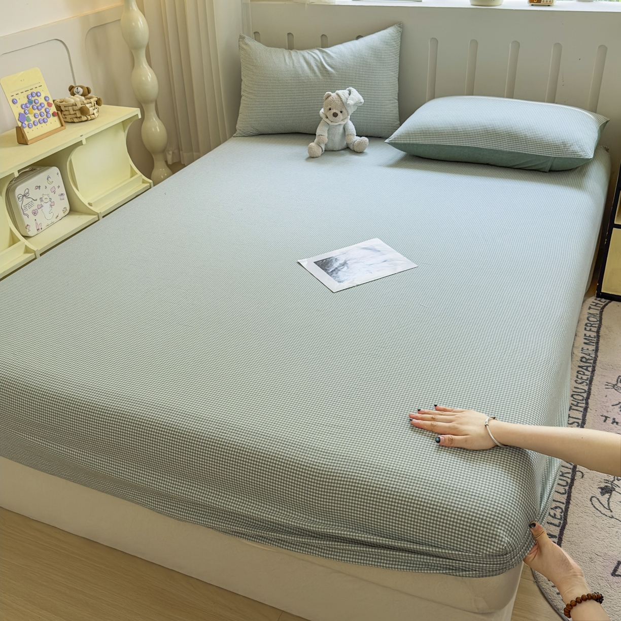 91家纺网 家纺一手货源 找家纺 晚依家纺 2025新款A类色织全棉水洗棉床单单件纯棉格子纯色学生宿舍定制定做 密格-草绿