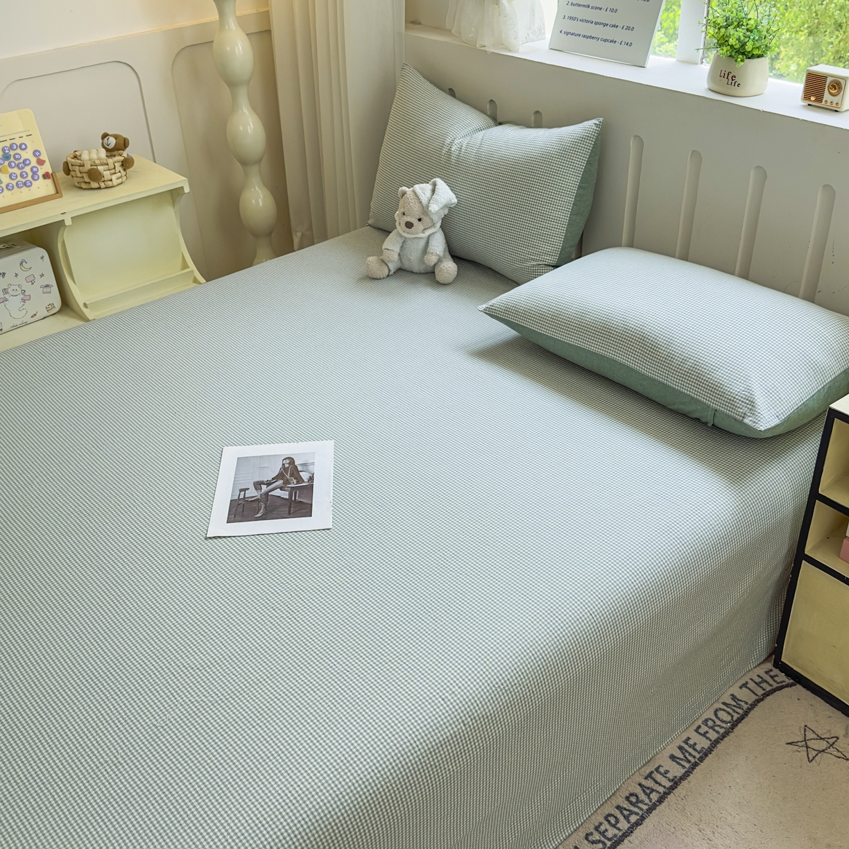 91家纺网 家纺一手货源 找家纺 晚依家纺 2025新款A类色织全棉水洗棉床单单件纯棉格子纯色学生宿舍定制定做 密格-草绿