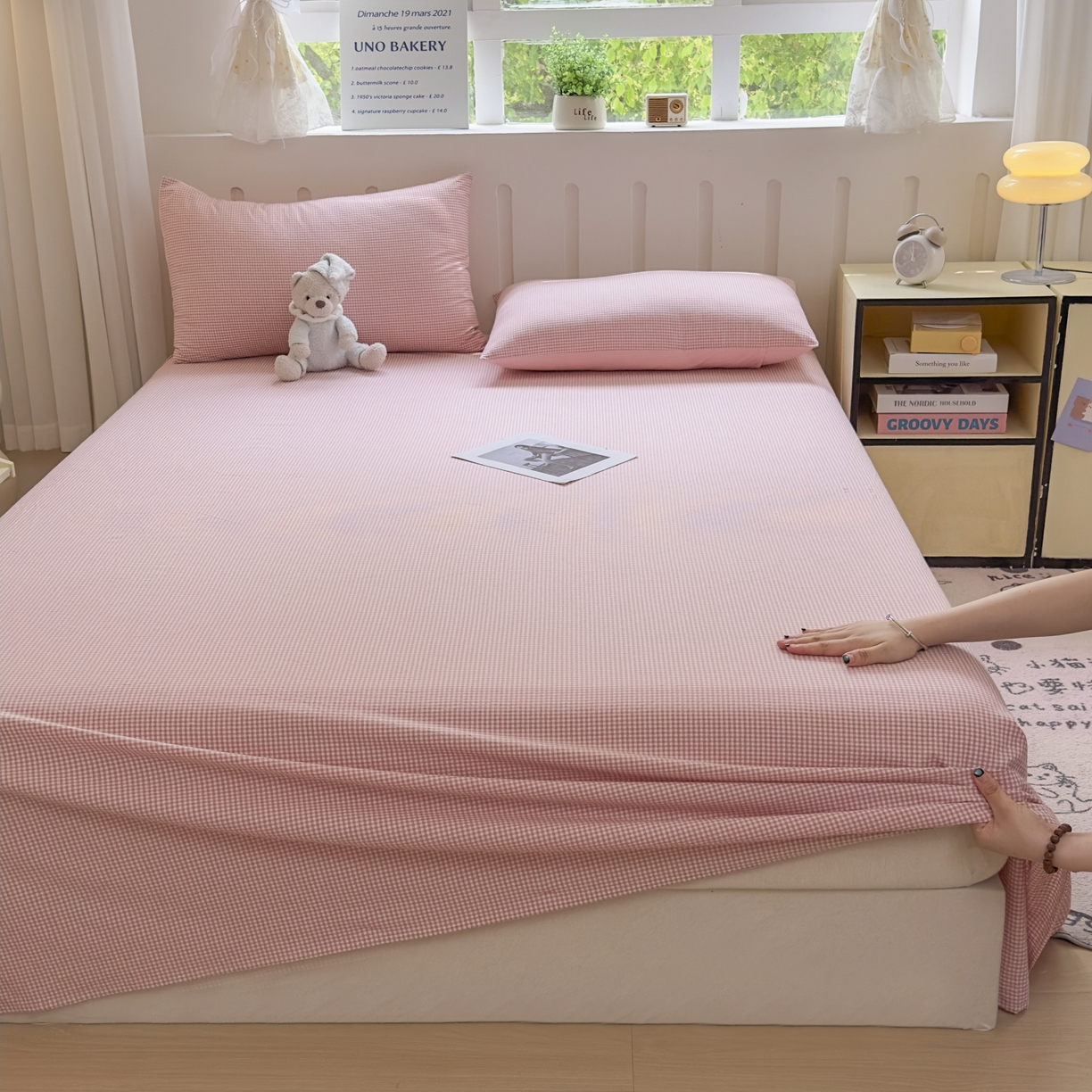 91家纺网 家纺一手货源 找家纺 晚依家纺 2025新款A类色织全棉水洗棉床单单件纯棉格子纯色学生宿舍定制定做 密格-浅粉