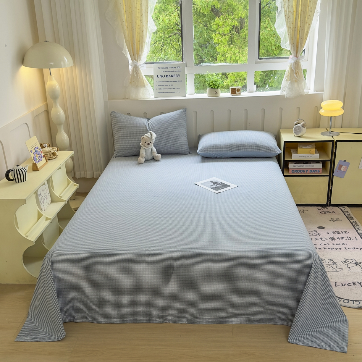 91家纺网 家纺一手货源 找家纺 晚依家纺 2025新款A类色织全棉水洗棉床单单件纯棉格子纯色学生宿舍定制定做 密格-浅蓝