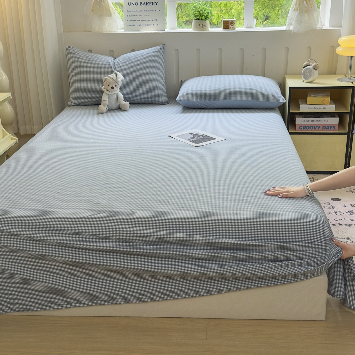 91家纺网 家纺一手货源 找家纺 晚依家纺 2025新款A类色织全棉水洗棉床单单件纯棉格子纯色学生宿舍定制定做 密格-浅蓝