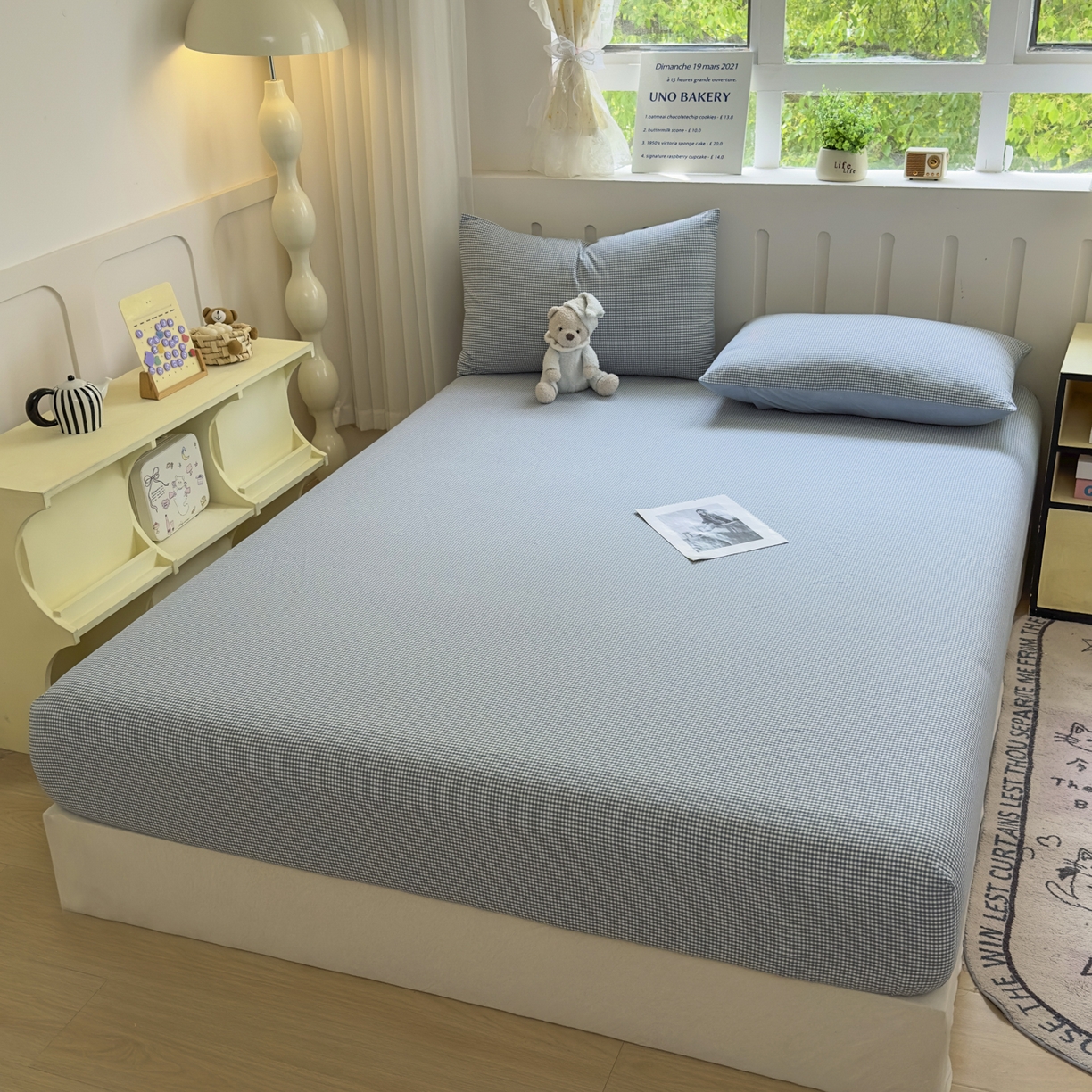 91家纺网 家纺一手货源 找家纺 晚依家纺 2025新款A类色织全棉水洗棉床单单件纯棉格子纯色学生宿舍定制定做 密格-浅蓝