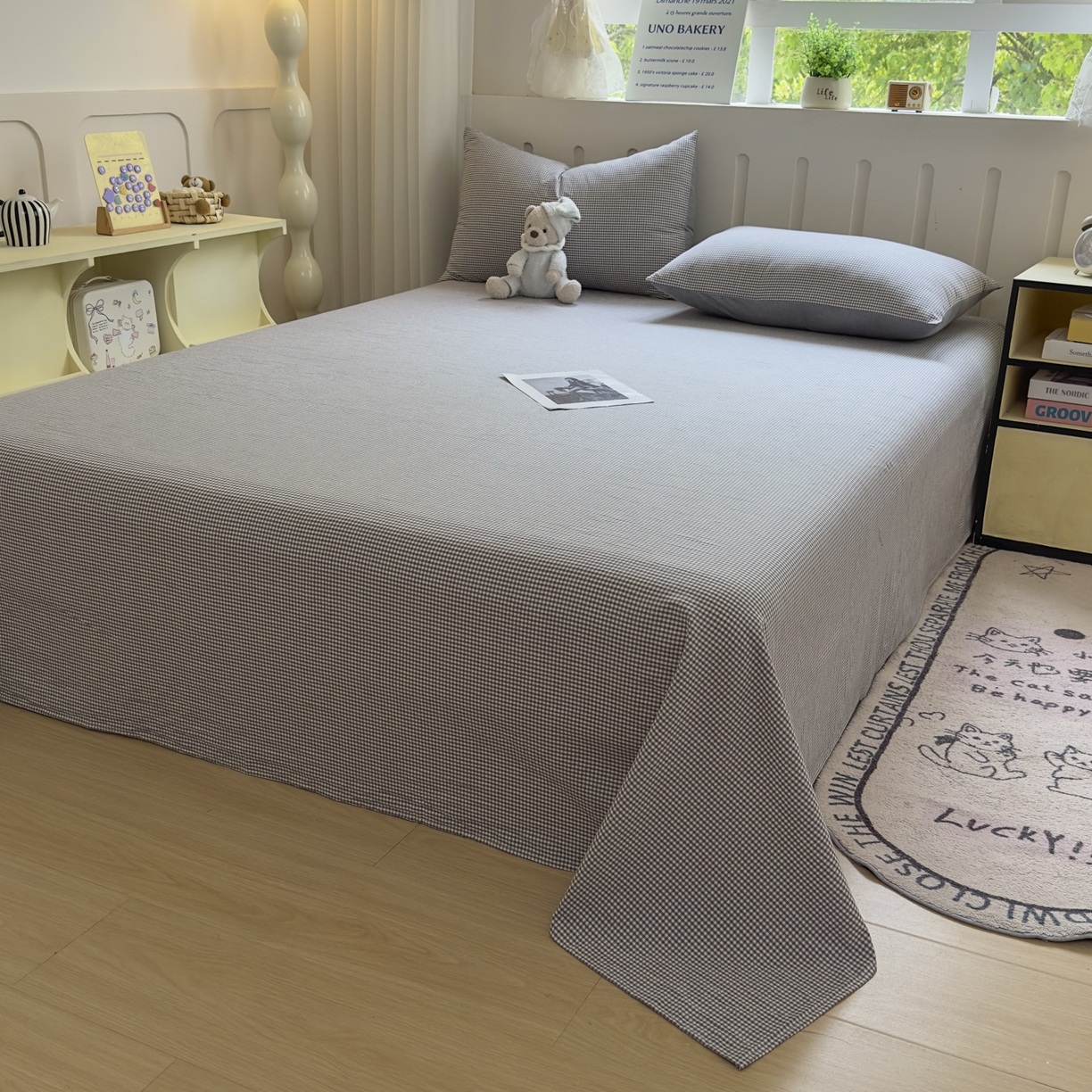 91家纺网 家纺一手货源 找家纺 晚依家纺 2025新款A类色织全棉水洗棉床单单件纯棉格子纯色学生宿舍定制定做 密格-烟灰