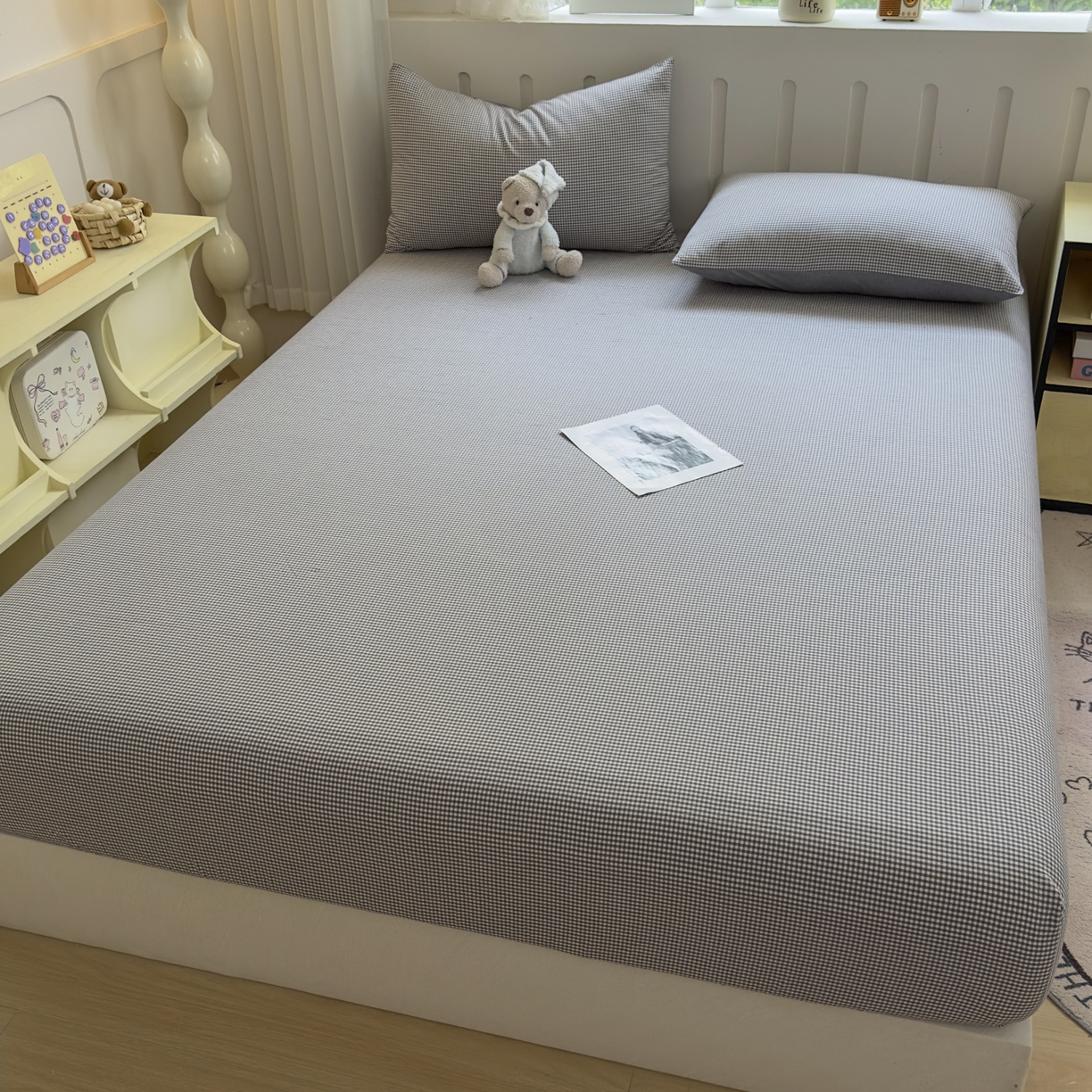 91家纺网 家纺一手货源 找家纺 晚依家纺 2025新款A类色织全棉水洗棉床单单件纯棉格子纯色学生宿舍定制定做 密格-烟灰