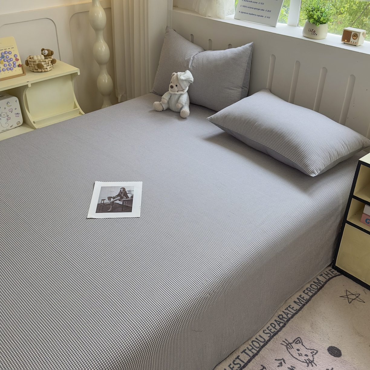 91家纺网 家纺一手货源 找家纺 晚依家纺 2025新款A类色织全棉水洗棉床单单件纯棉格子纯色学生宿舍定制定做 密格-烟灰