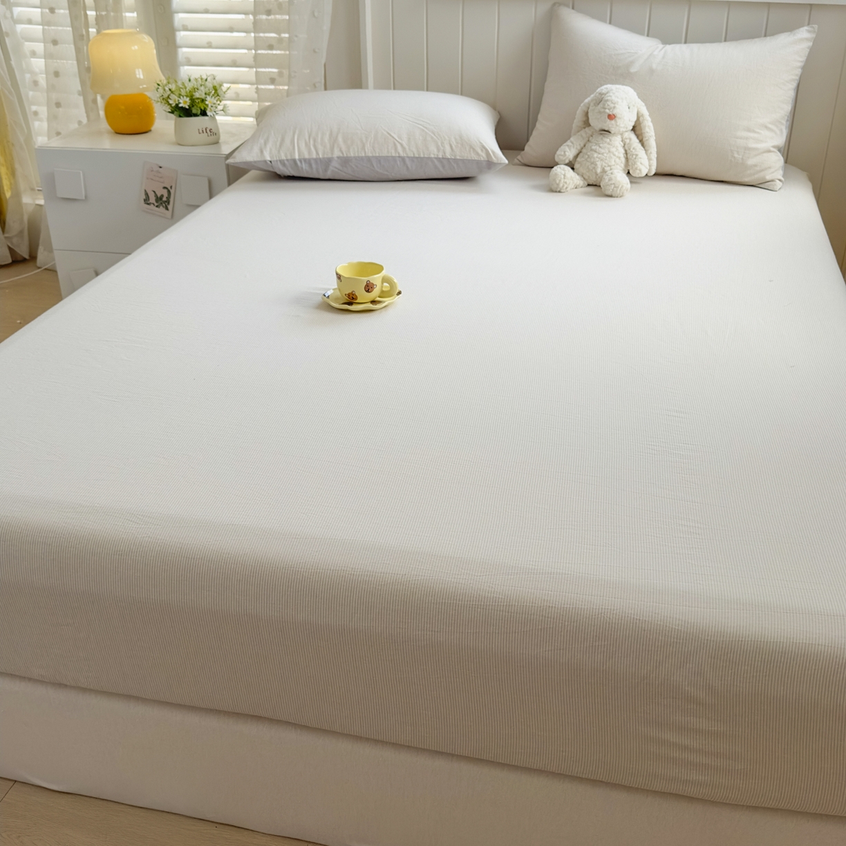 91家纺网 家纺一手货源 找家纺 晚依家纺 2025新款A类色织全棉水洗棉床单单件纯棉格子纯色学生宿舍定制定做 密条-米灰