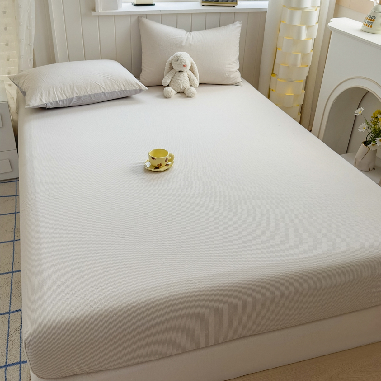 91家纺网 家纺一手货源 找家纺 晚依家纺 2025新款A类色织全棉水洗棉床单单件纯棉格子纯色学生宿舍定制定做 密条-米灰