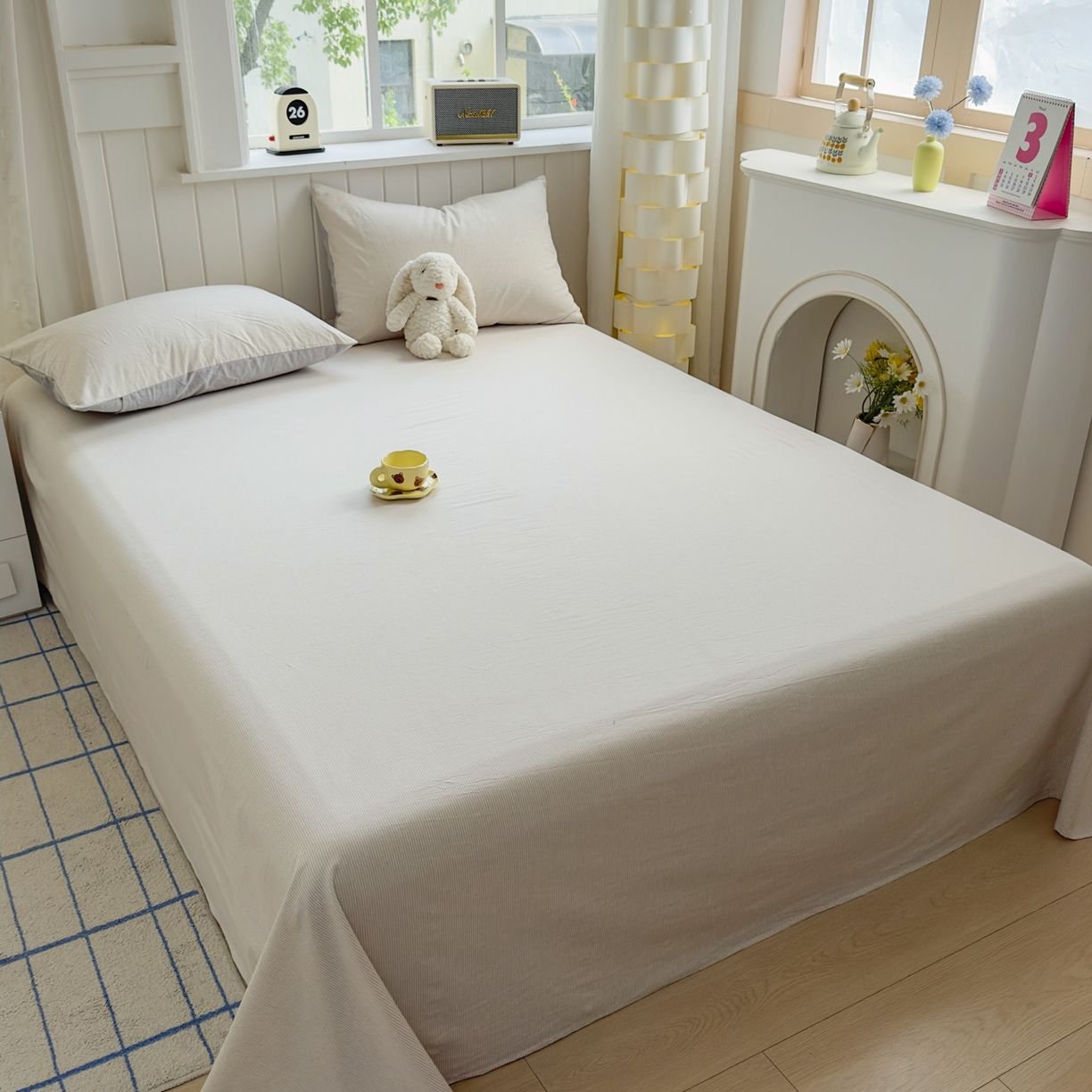 91家纺网 家纺一手货源 找家纺 晚依家纺 2025新款A类色织全棉水洗棉床单单件纯棉格子纯色学生宿舍定制定做 密条-米灰