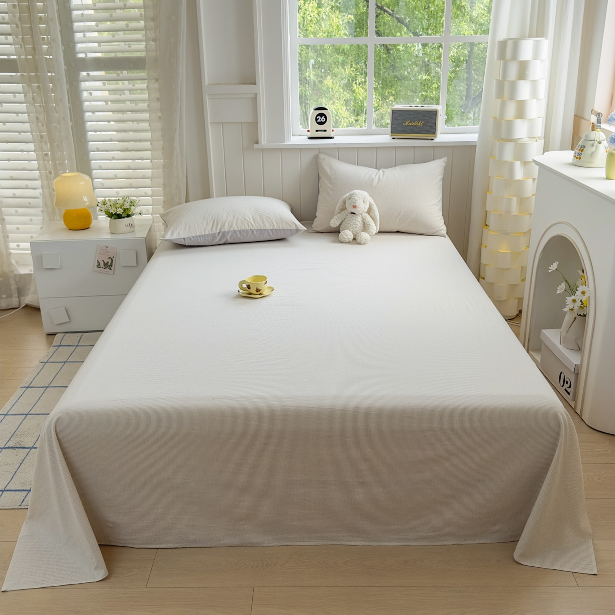 91家纺网 家纺一手货源 找家纺 晚依家纺 2025新款A类色织全棉水洗棉床单单件纯棉格子纯色学生宿舍定制定做 密条-米灰