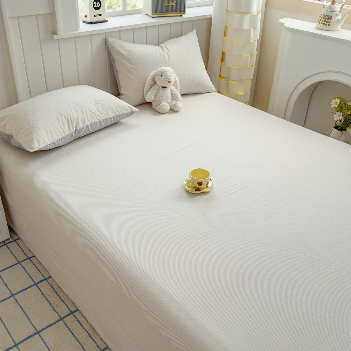 91家纺网 家纺一手货源 找家纺 晚依家纺 2025新款A类色织全棉水洗棉床单单件纯棉格子纯色学生宿舍定制定做 密条-米灰