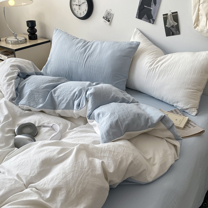 91家纺网 家纺一手货源 找家纺 夜笙家纺 2025新款水洗棉纯色双拼四件套 双拼-白蓝