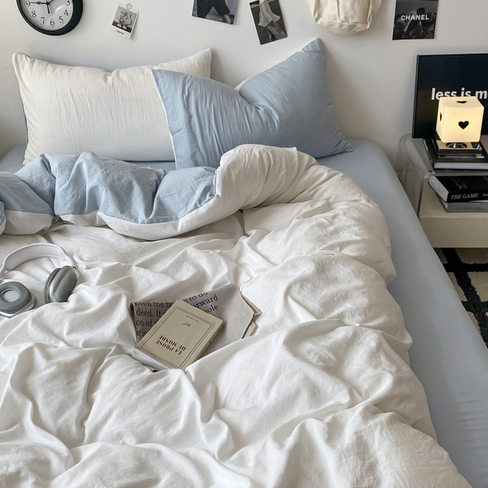 91家纺网 家纺一手货源 找家纺 夜笙家纺 2025新款水洗棉纯色双拼四件套 双拼-白蓝