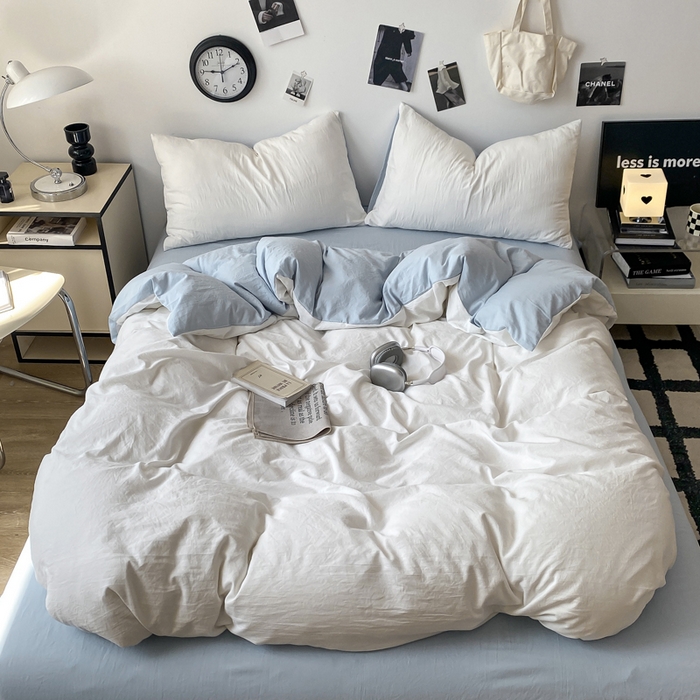 91家纺网 家纺一手货源 找家纺 夜笙家纺 2025新款水洗棉纯色双拼四件套 双拼-白蓝