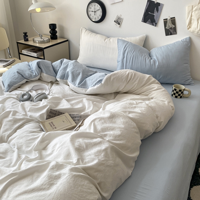 91家纺网 家纺一手货源 找家纺 夜笙家纺 2025新款水洗棉纯色双拼四件套 双拼-白蓝