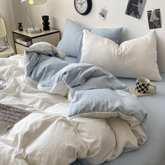 91家纺网 家纺一手货源 找家纺 夜笙家纺 2025新款水洗棉纯色双拼四件套 双拼-白蓝
