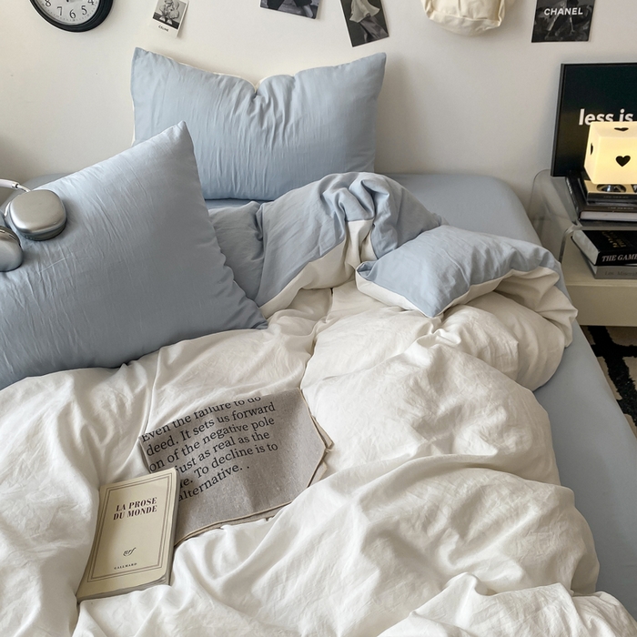 91家纺网 家纺一手货源 找家纺 夜笙家纺 2025新款水洗棉纯色双拼四件套 双拼-白蓝