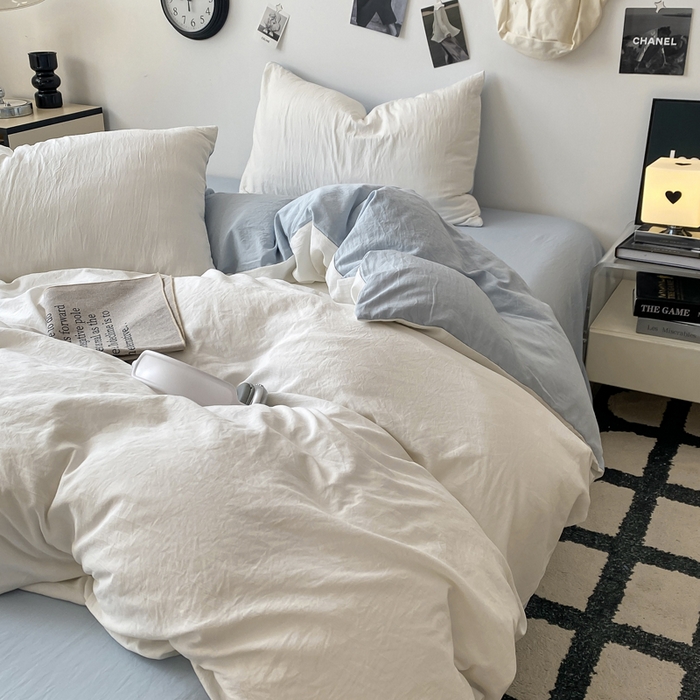 91家纺网 家纺一手货源 找家纺 夜笙家纺 2025新款水洗棉纯色双拼四件套 双拼-白蓝