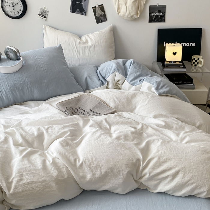 91家纺网 家纺一手货源 找家纺 夜笙家纺 2025新款水洗棉纯色双拼四件套 双拼-白蓝