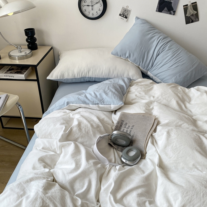 91家纺网 家纺一手货源 找家纺 夜笙家纺 2025新款水洗棉纯色双拼四件套 双拼-白蓝