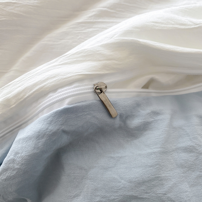 91家纺网 家纺一手货源 找家纺 夜笙家纺 2025新款水洗棉纯色双拼四件套 双拼-白蓝