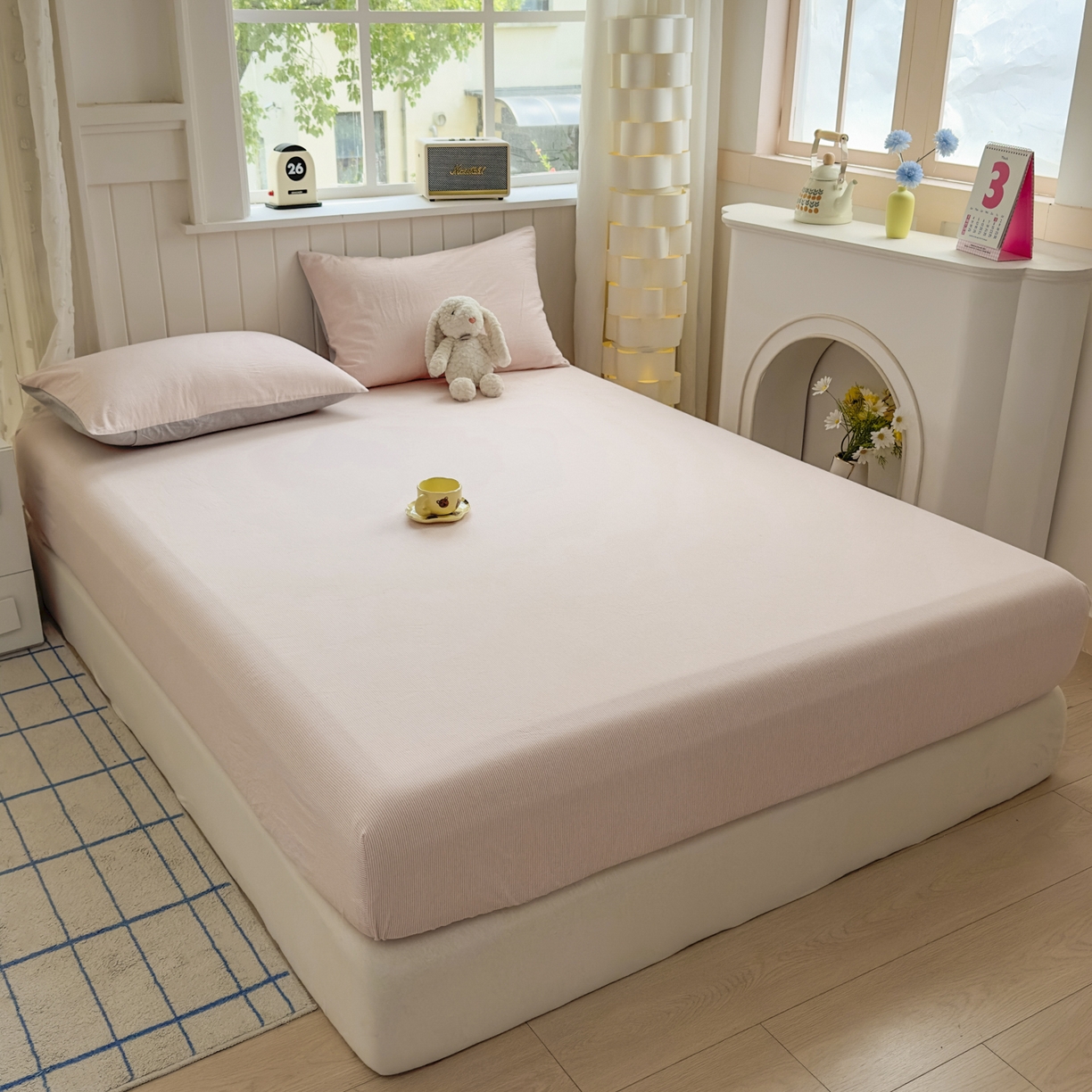 91家纺网 家纺一手货源 找家纺 晚依家纺 2025新款A类色织全棉水洗棉床单单件纯棉格子纯色学生宿舍定制定做 密条-浅粉