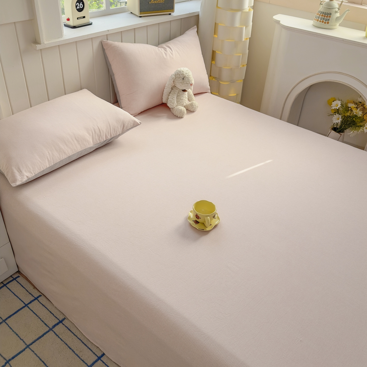 91家纺网 家纺一手货源 找家纺 晚依家纺 2025新款A类色织全棉水洗棉床单单件纯棉格子纯色学生宿舍定制定做 密条-浅粉