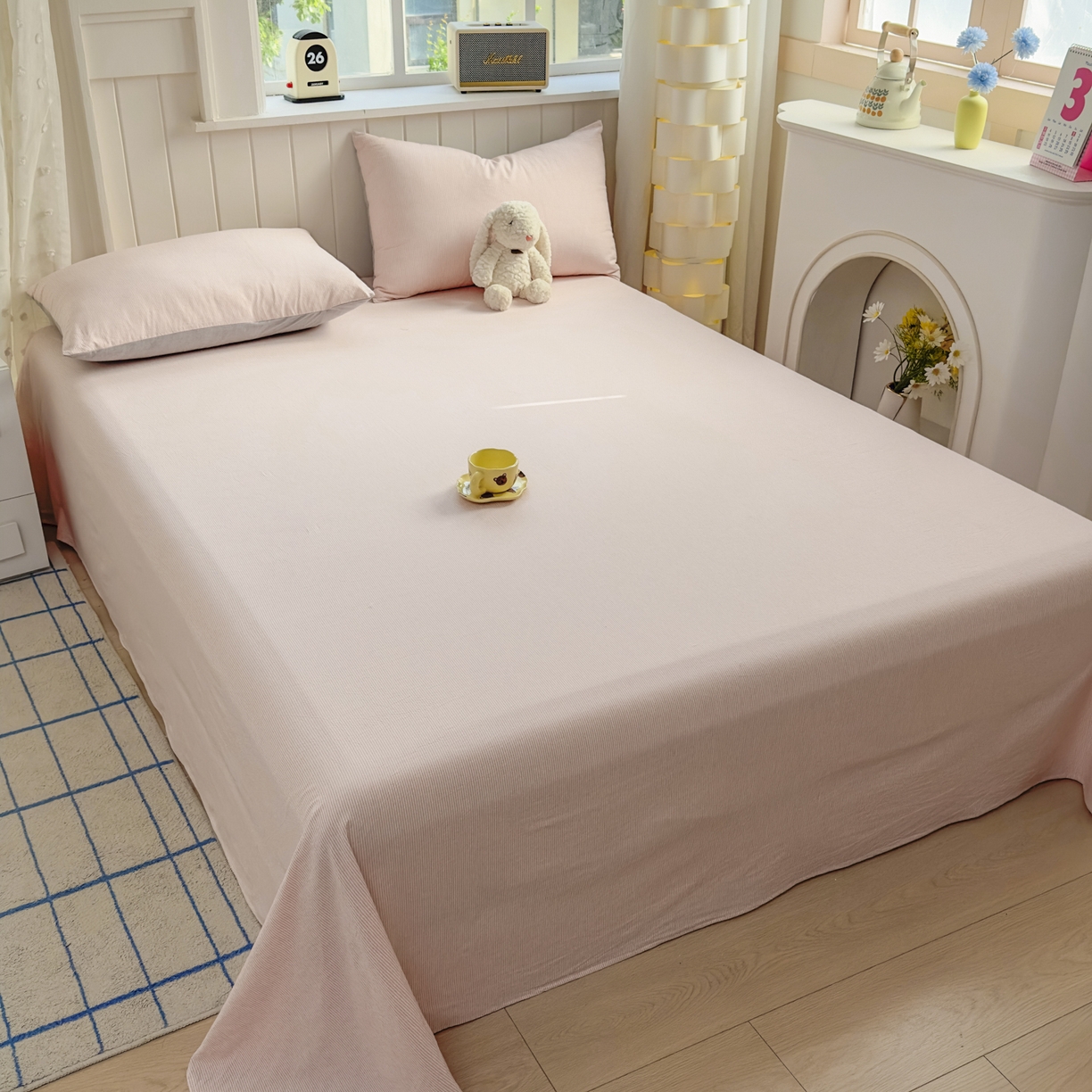 91家纺网 家纺一手货源 找家纺 晚依家纺 2025新款A类色织全棉水洗棉床单单件纯棉格子纯色学生宿舍定制定做 密条-浅粉