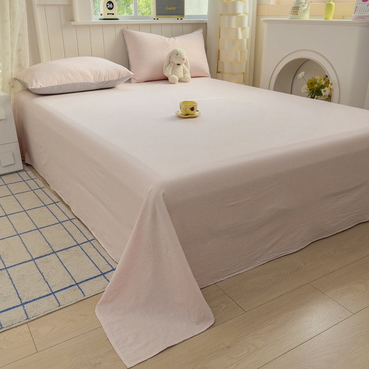 91家纺网 家纺一手货源 找家纺 晚依家纺 2025新款A类色织全棉水洗棉床单单件纯棉格子纯色学生宿舍定制定做 密条-浅粉