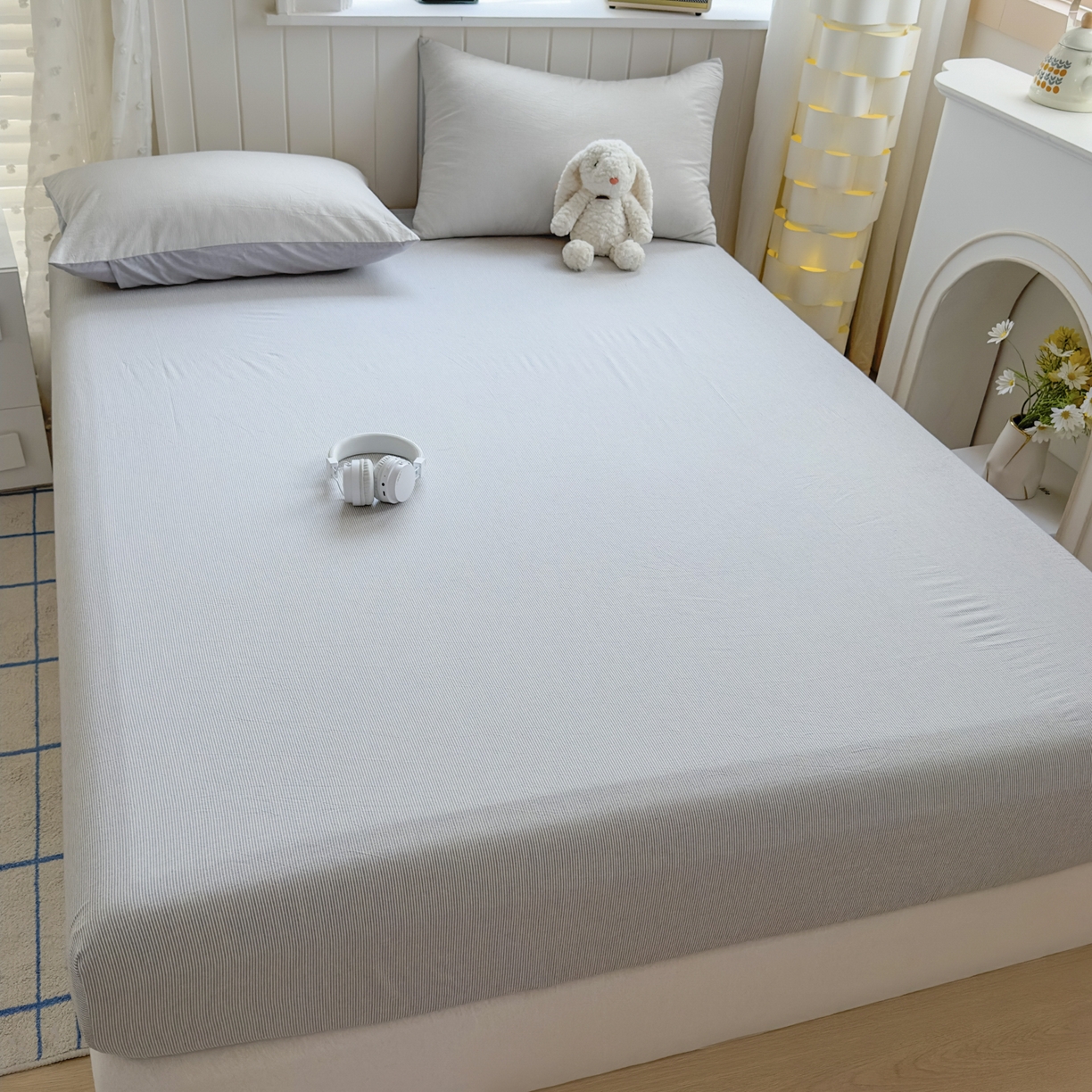 91家纺网 家纺一手货源 找家纺 晚依家纺 2025新款A类色织全棉水洗棉床单单件纯棉格子纯色学生宿舍定制定做 密条-浅灰