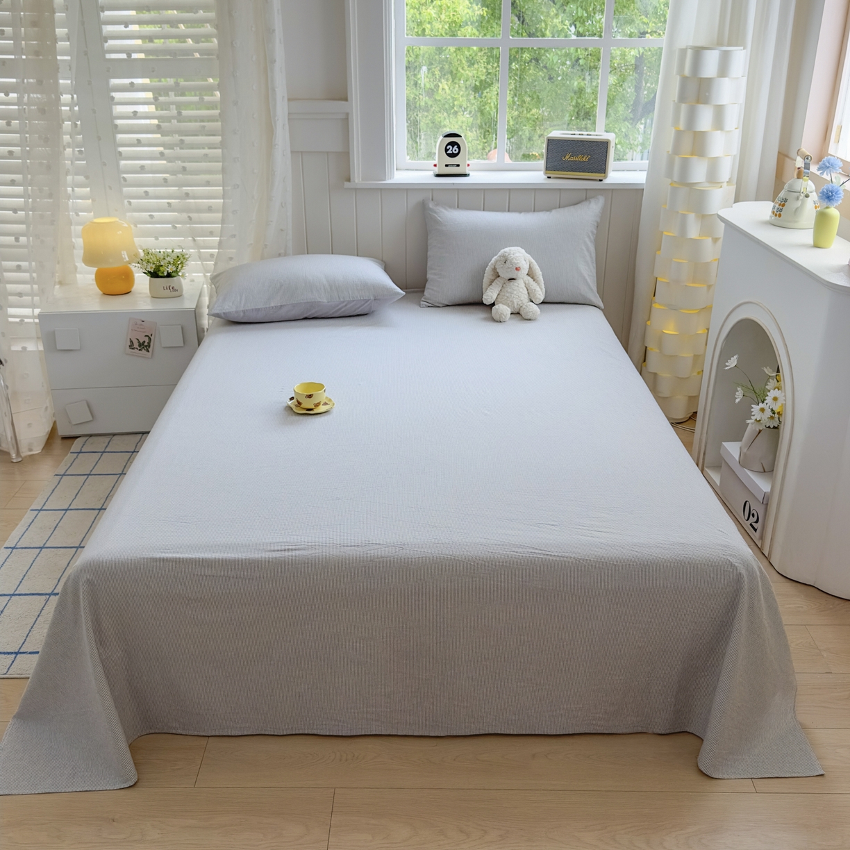 91家纺网 家纺一手货源 找家纺 晚依家纺 2025新款A类色织全棉水洗棉床单单件纯棉格子纯色学生宿舍定制定做 密条-浅灰