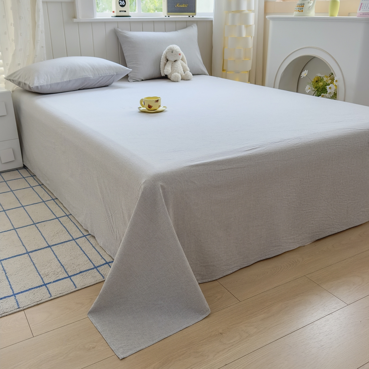 91家纺网 家纺一手货源 找家纺 晚依家纺 2025新款A类色织全棉水洗棉床单单件纯棉格子纯色学生宿舍定制定做 密条-浅灰