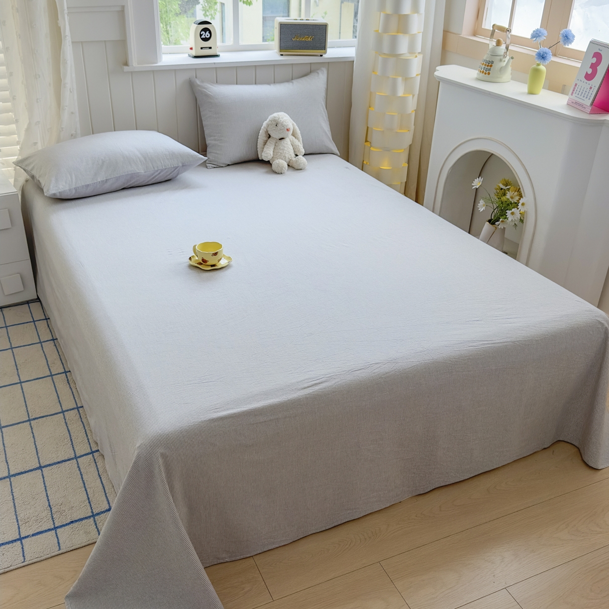 91家纺网 家纺一手货源 找家纺 晚依家纺 2025新款A类色织全棉水洗棉床单单件纯棉格子纯色学生宿舍定制定做 密条-浅灰