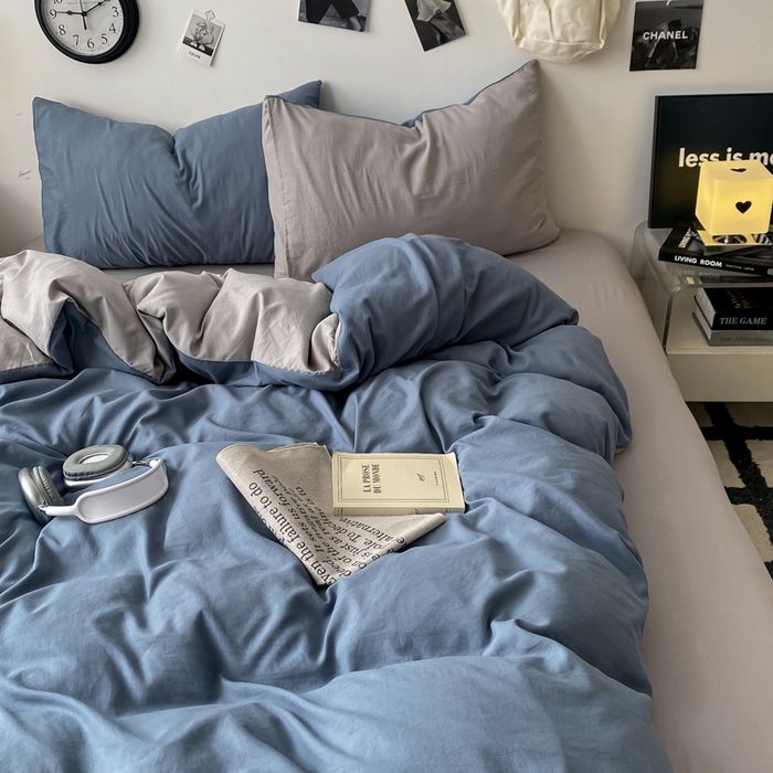 91家纺网 家纺一手货源 找家纺 夜笙家纺 2025新款水洗棉纯色双拼四件套 双拼-宝蓝灰