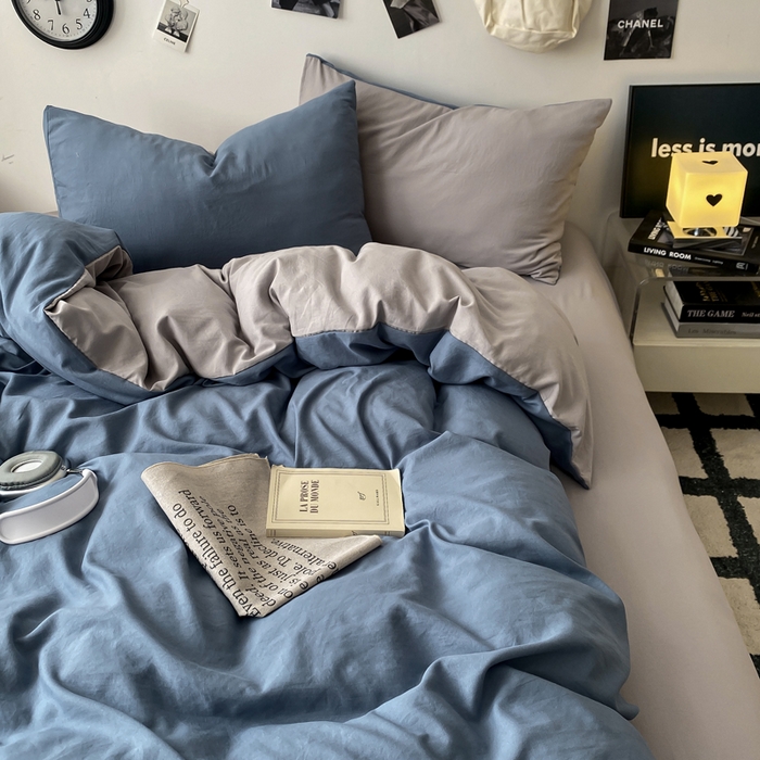 91家纺网 家纺一手货源 找家纺 夜笙家纺 2025新款水洗棉纯色双拼四件套 双拼-宝蓝灰
